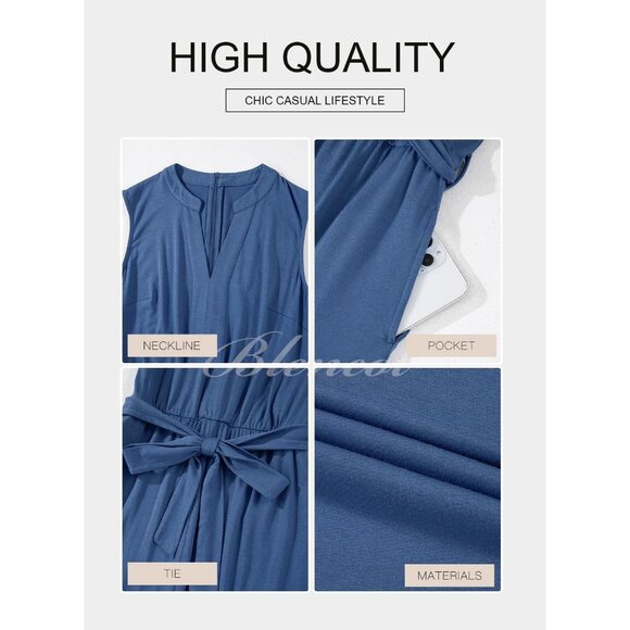 Blencot Women Blue Dressy Summer Belted V Neck Wide Leg Outfits with Pockets - Picture 5 of 6